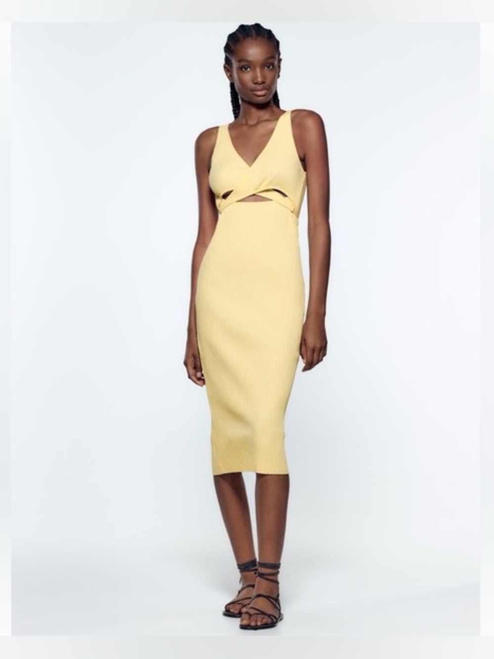 Zara Pale Yellow Ribbed V-Neck Midi Dress with Front Cutout M